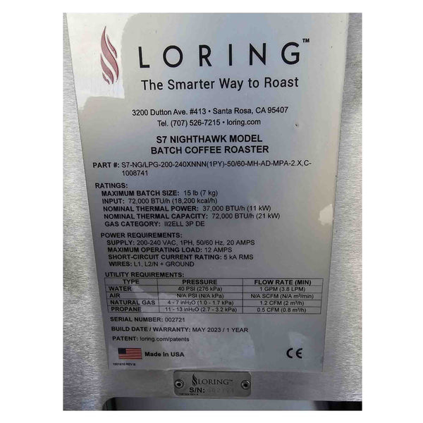 7kg Used Coffee Roaster - Loring S7 Nighthawk - Never Used - 2023