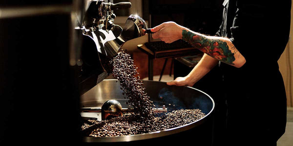 Roaster with tattooed arm releasing roasted coffee beans from roaster into cooling tray