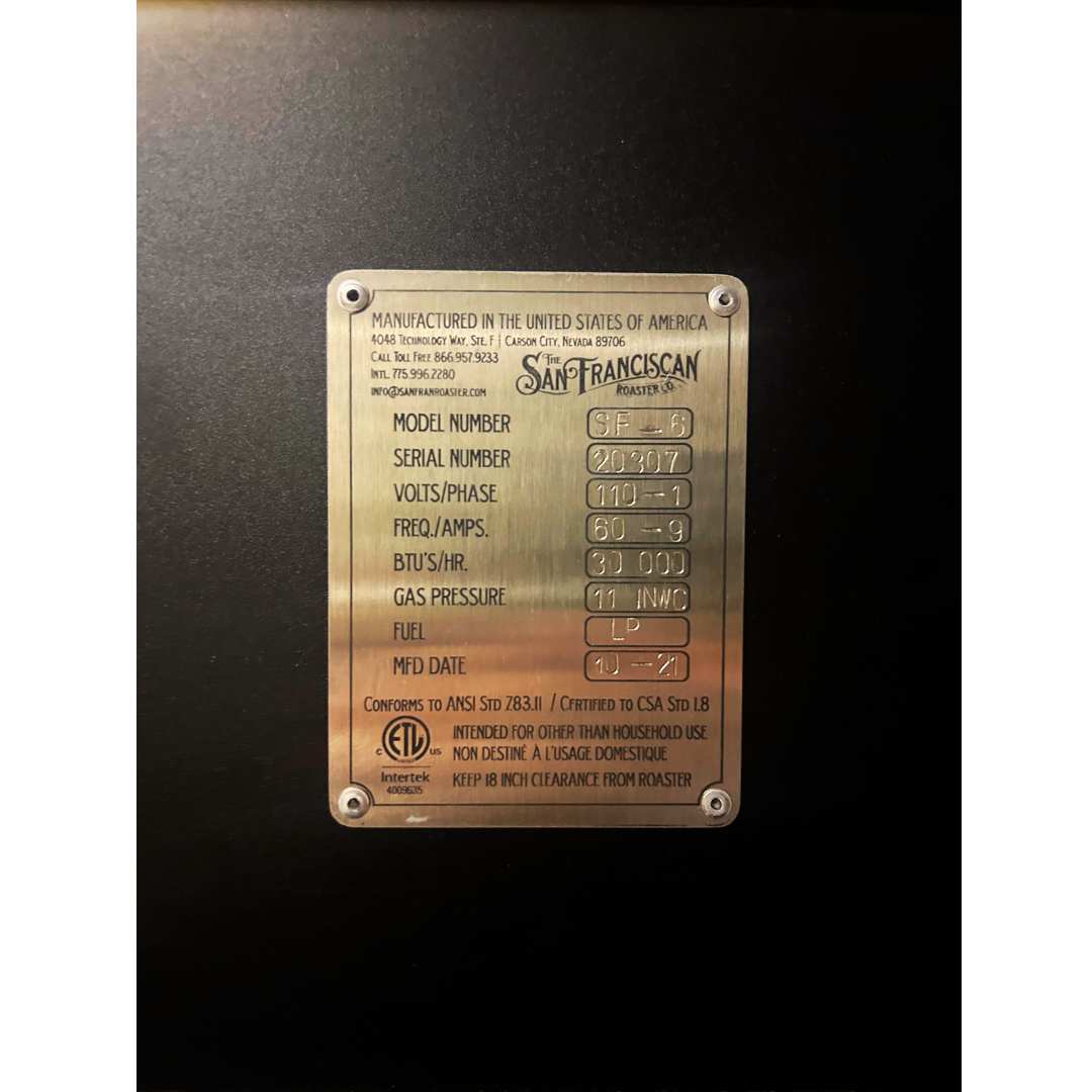 3kg Used Coffee Roaster - San Franciscan SF-6 - 2021 - Stock S0622