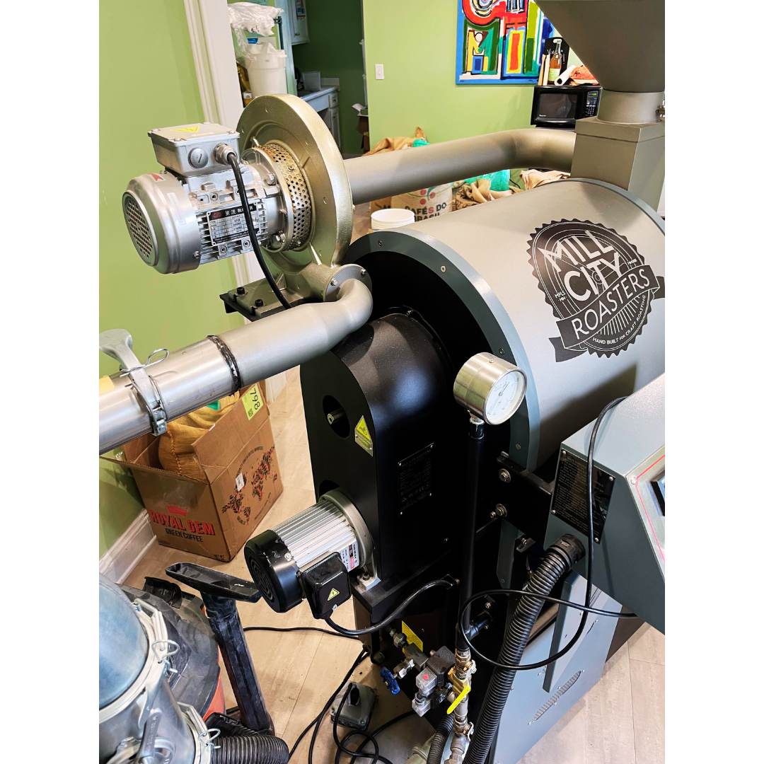 Back side view of 2022 Mill City MCR-3 3kg coffee roaster, used Mill City coffee roaster for sale, fully commissioned and in excellent condition.