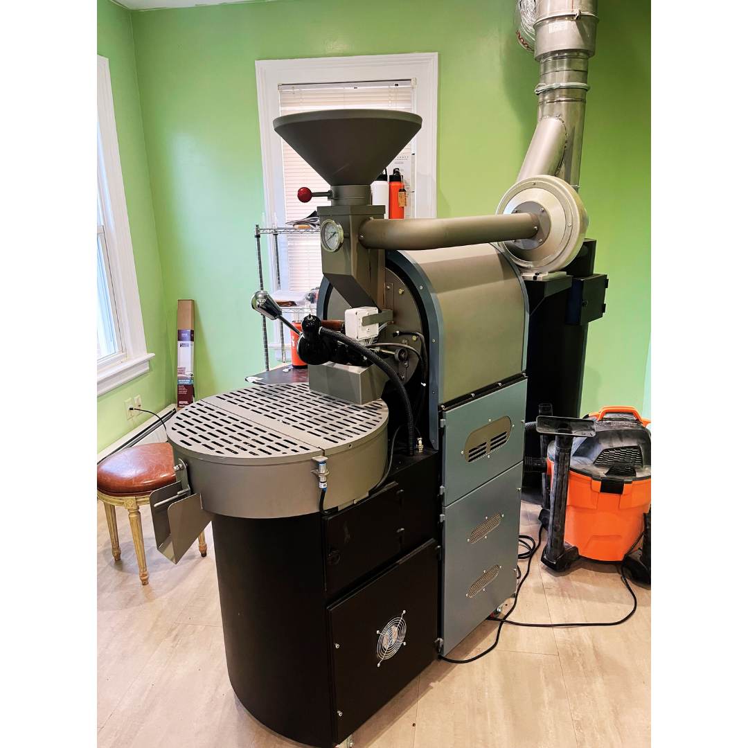 Right angle view of 2022 Mill City MCR-3 3kg coffee roaster, used Mill City coffee roaster for sale, fully commissioned and in excellent condition.