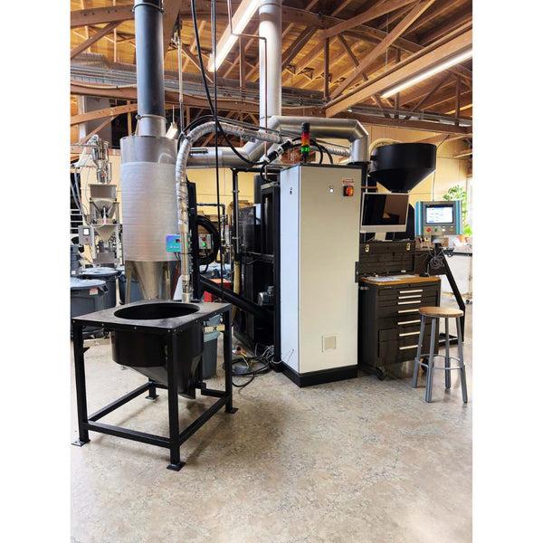 Back view of a 2023 IMF RM30 30kg used commercial coffee roaster with loader, destoner, and afterburner — immaculate condition.