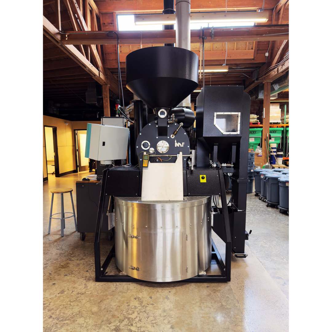 Front view of a 2023 IMF RM30 30kg used commercial coffee roaster with loader, destoner, and afterburner — immaculate condition.