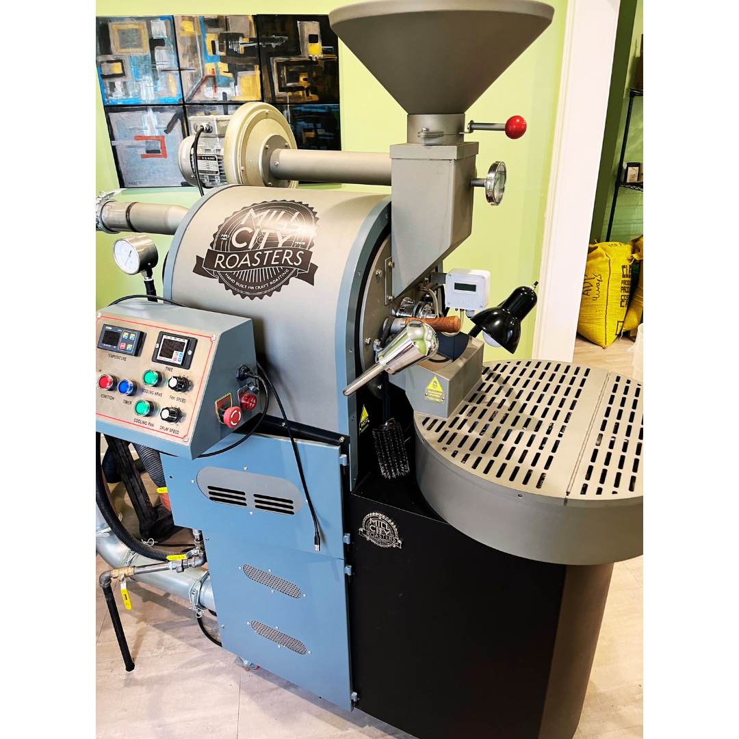 Left side view of 2022 Mill City MCR-3 3kg coffee roaster, used Mill City coffee roaster for sale, fully commissioned and in excellent condition.