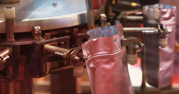 bag of roasted coffee beans being sealed with a sealer