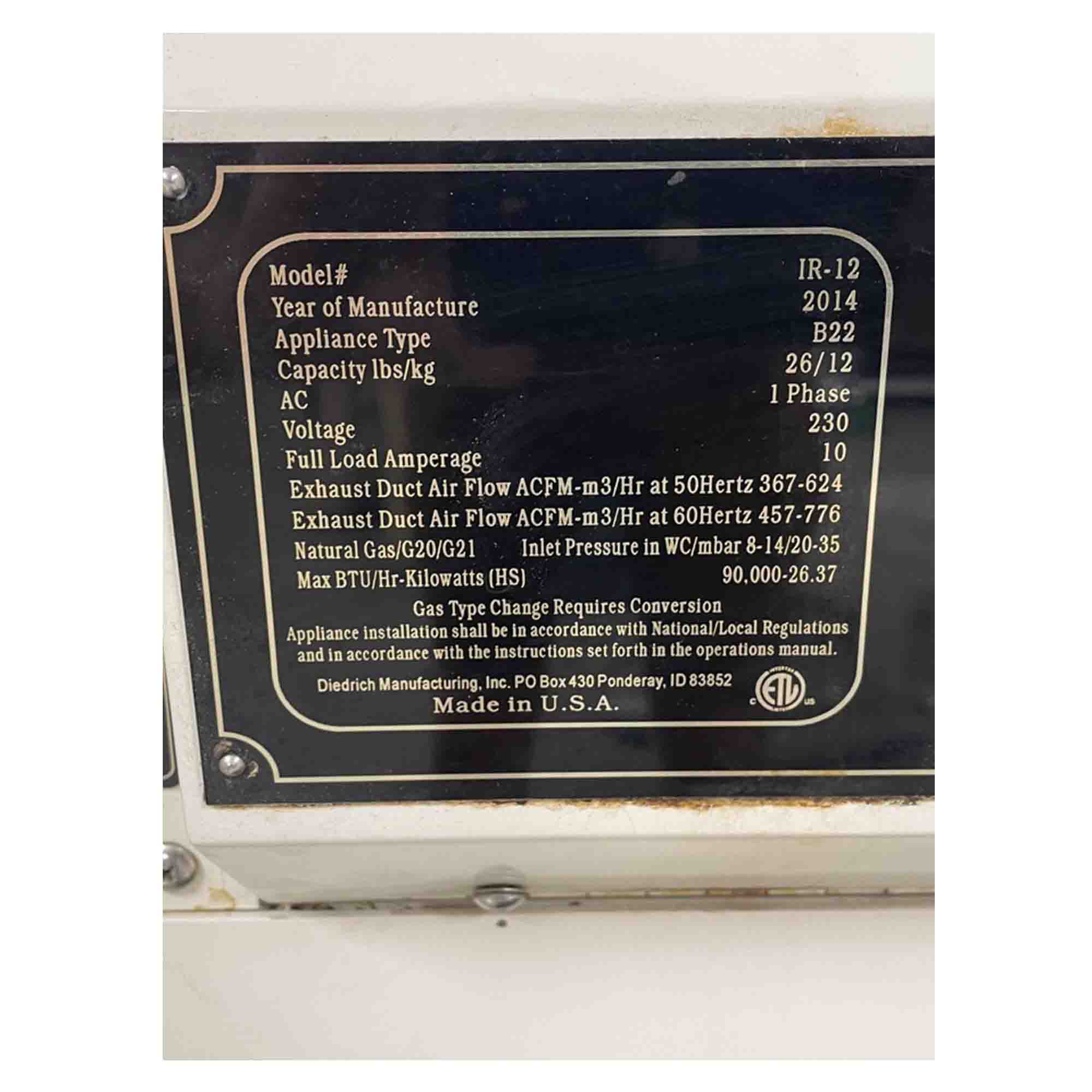 12kg Used Coffee Roaster — Diedrich IR-12 — 2014