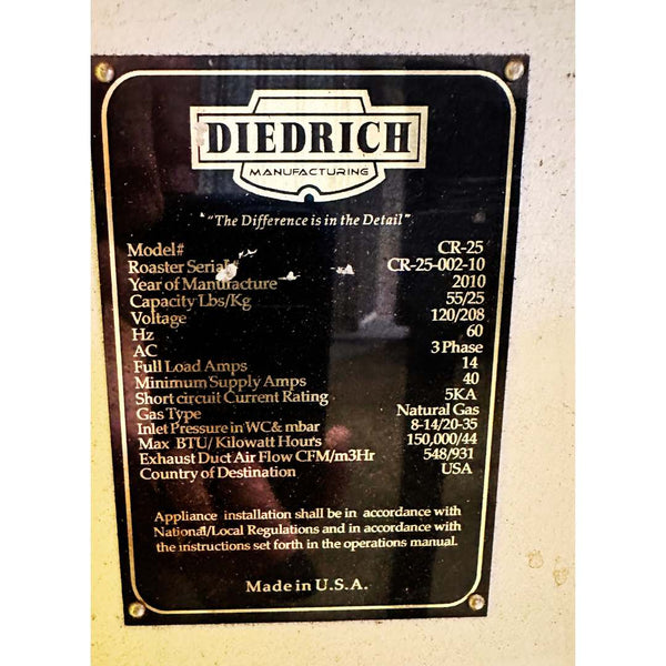 25kg Used Coffee Roaster - Diedrich CR-25  - 2010