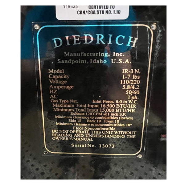 3kg Diedrich IR-3N Used Coffee Roaster, Afterburner, and Ducting — 2004