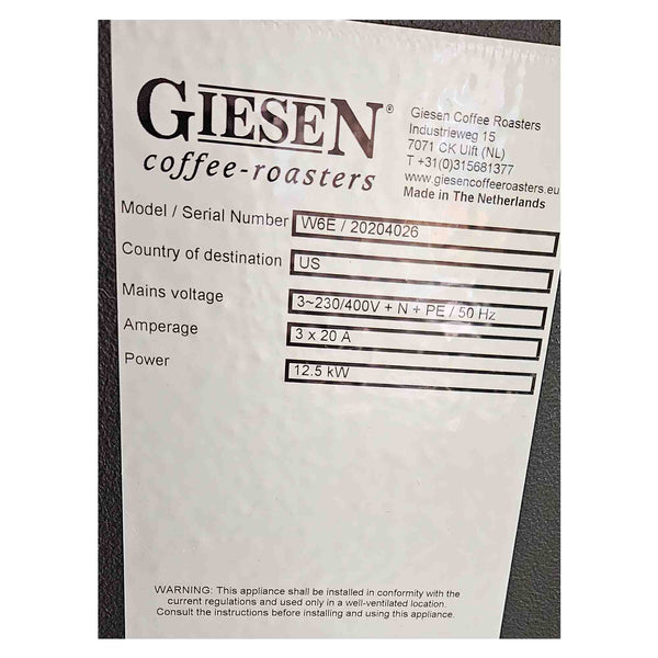 6kg Used Coffee Roaster - Giesen W6E Electric Coffee Roaster - 2020