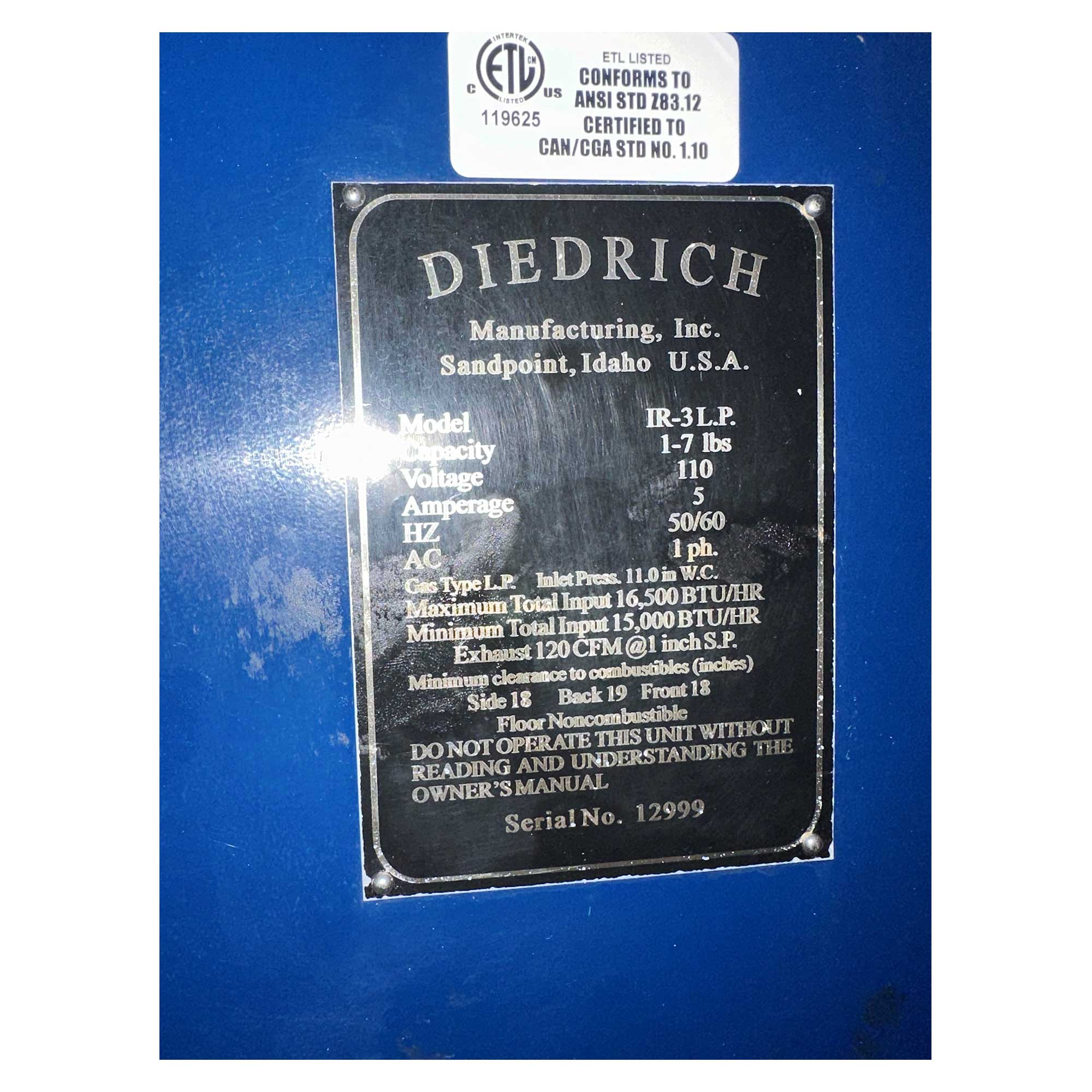 3kg Diedrich IR-3 Used Coffee Roaster - Classic 2003