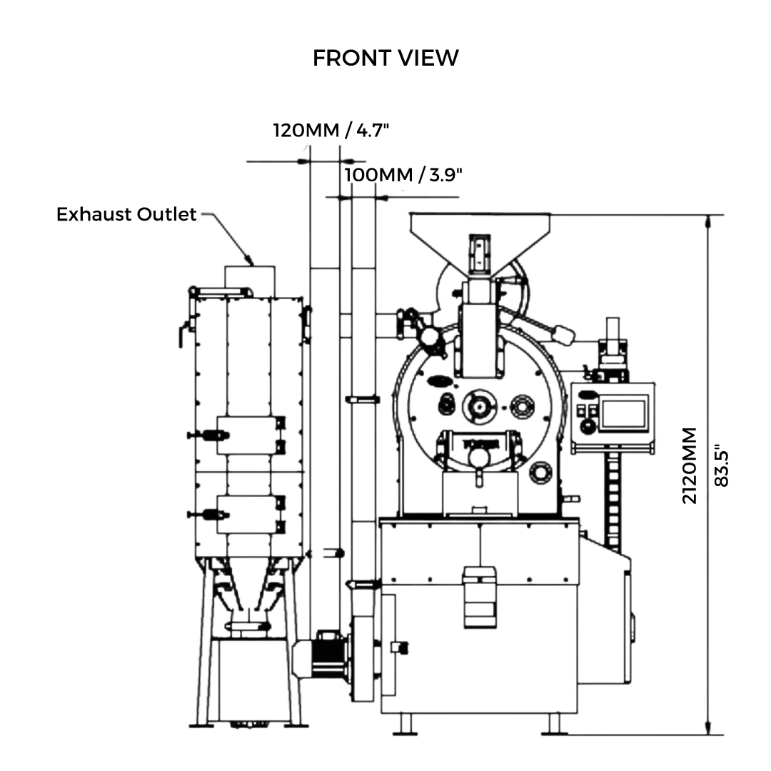 20 kilo Toper Roaster dimensions and layout. Front view.