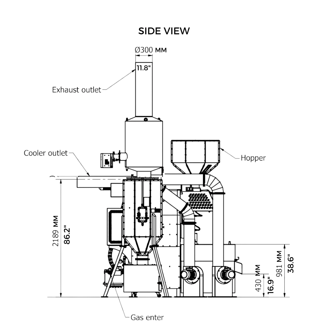 30 kilo Toper roaster measurements and layout. Side view.