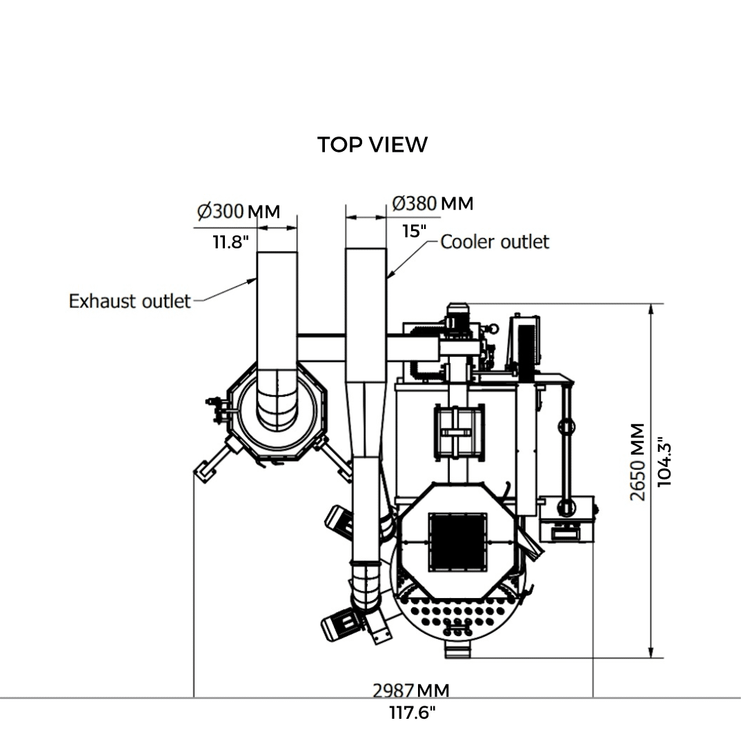 30 kilo Toper roaster measurements and layout. Top view.