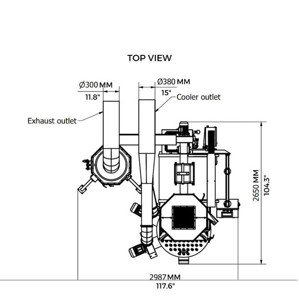 30 kilo Toper roaster measurements and layout. Top view.