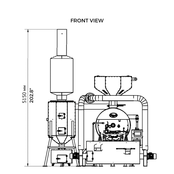 120 kilo Toper Roaster dimensions and layout. Front view.