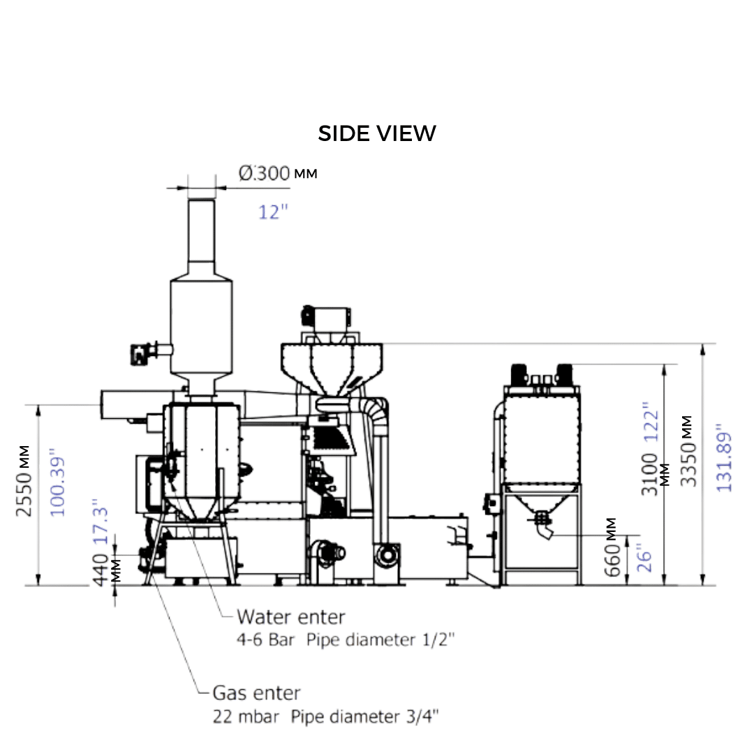180 kilo Toper Roaster dimensions and layout. Side view.