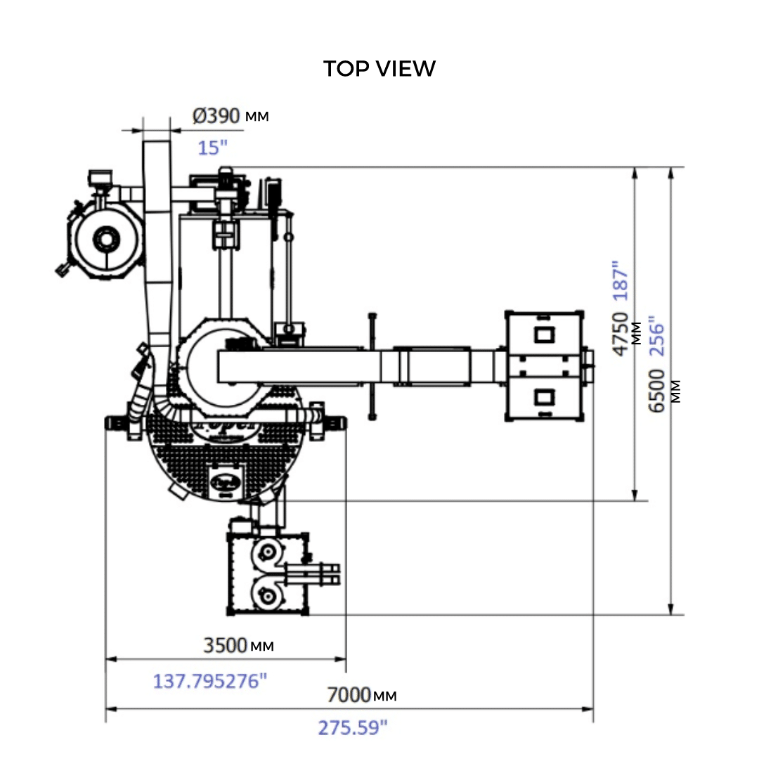 180 kilo Toper Roaster dimensions and layout. Top view.