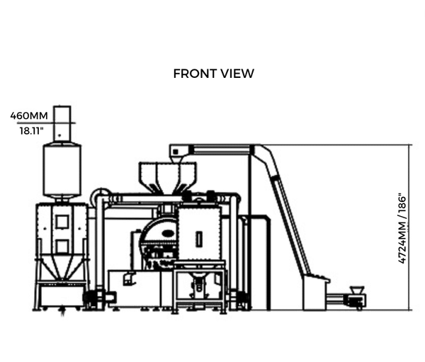 500 kilo Toper Roaster dimensions and layout. Front view.