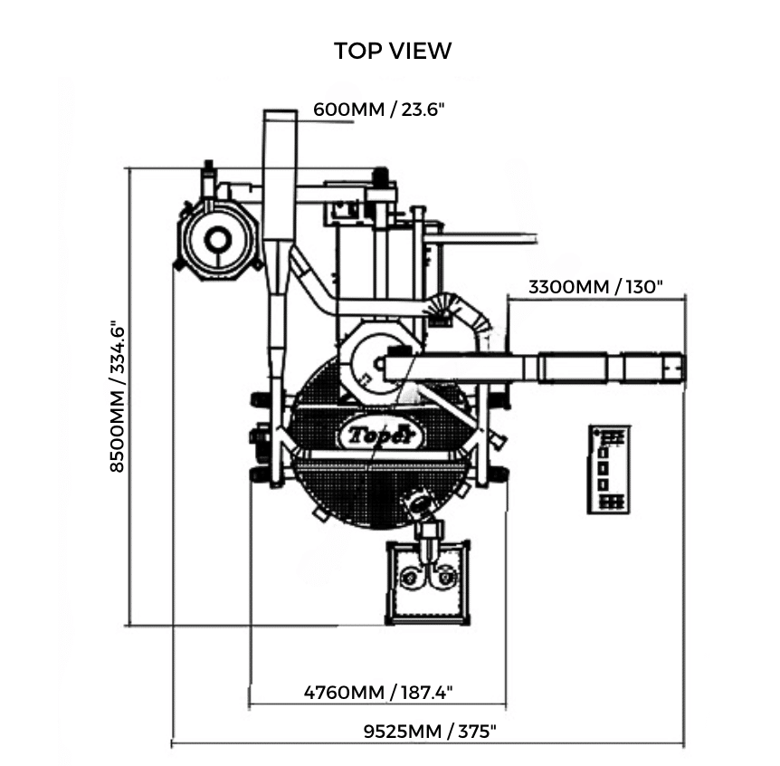 500 kilo Toper Roaster dimensions and layout. Top view.