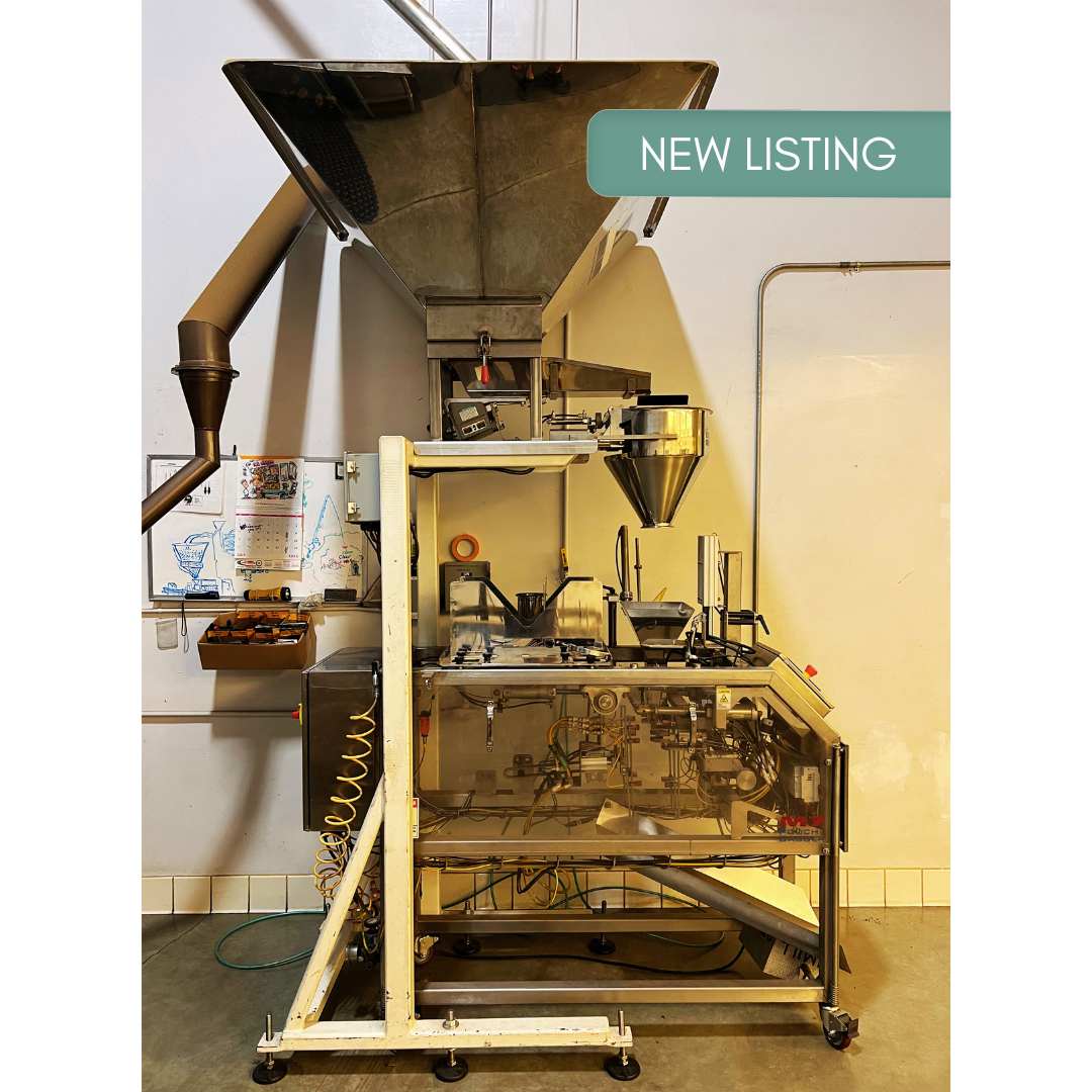 New listing of side view of Dura-Pack M7 pouching machine, used coffee equipment, capable of high-speed coffee packaging with premade pouches.