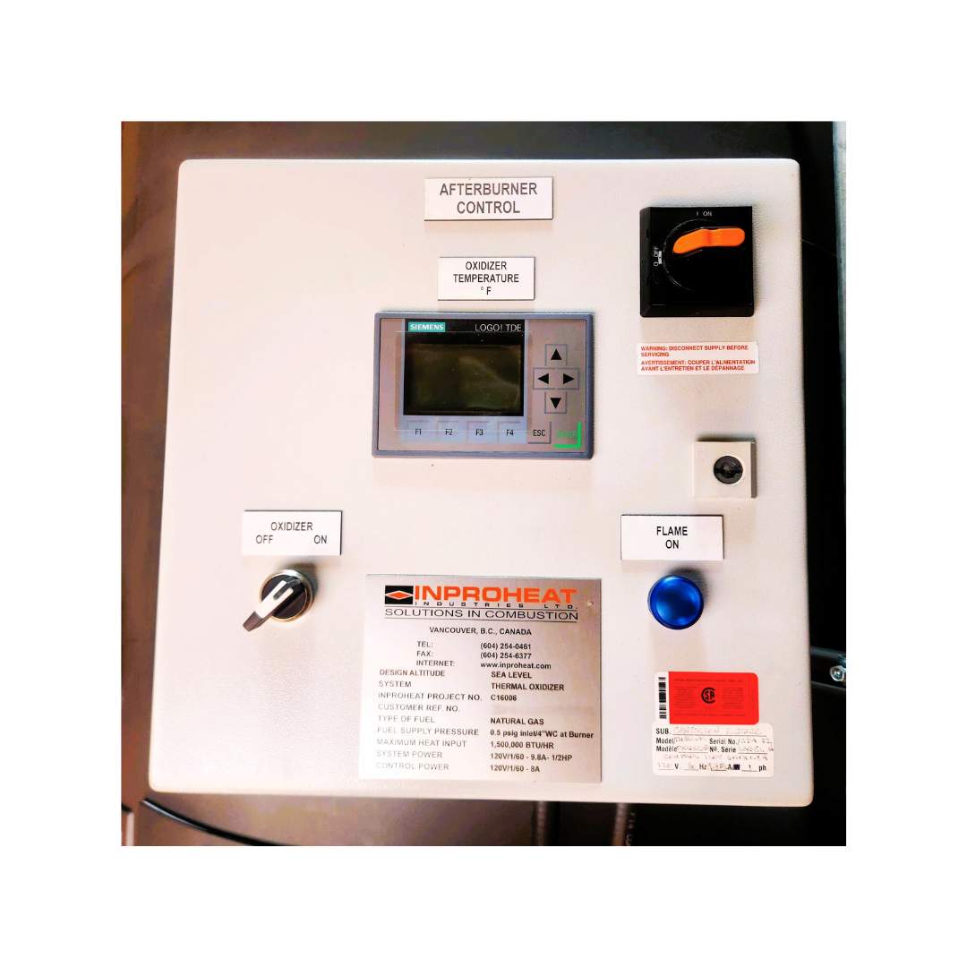 Closeup control box view of InProHeat coffee roaster afterburner, built 2016, 1.5M BTU thermal oxidizer for Probat G60/G90.