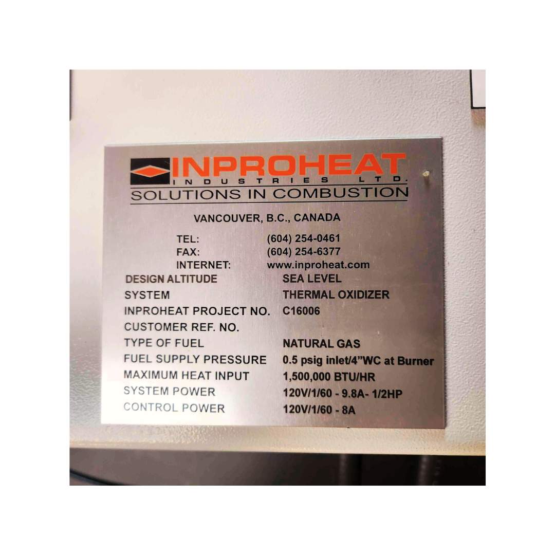 Information plate on InProHeat coffee roaster afterburner, built 2016, 1.5M BTU thermal oxidizer for Probat G60/G90.