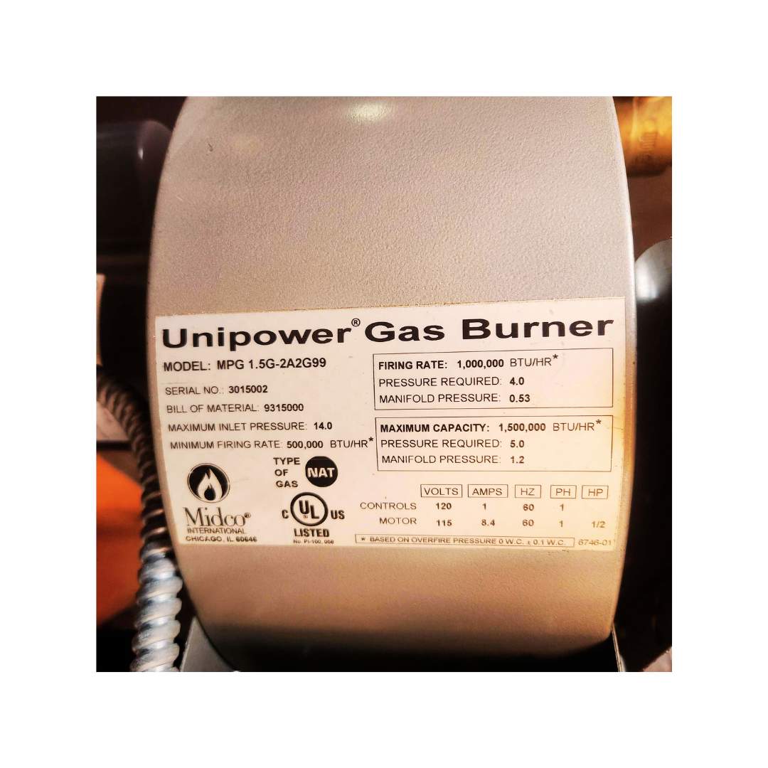 Unipower Gas Burner plate on InProHeat coffee roaster afterburner, built 2016, 1.5M BTU thermal oxidizer for Probat G60/G90.