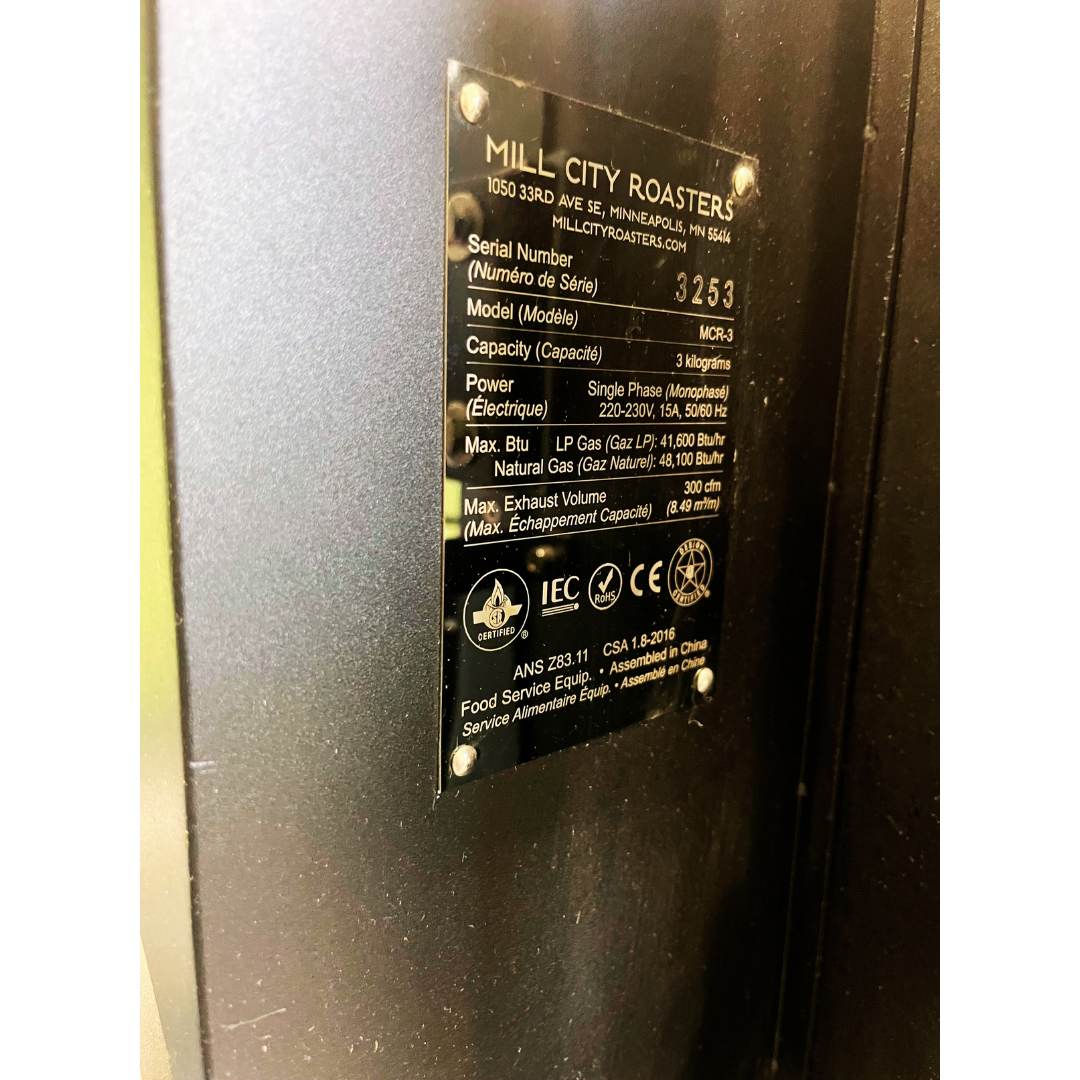 Plate detail view of 2022 Mill City MCR-3 3kg coffee roaster, used Mill City coffee roaster for sale, fully commissioned and in excellent condition.