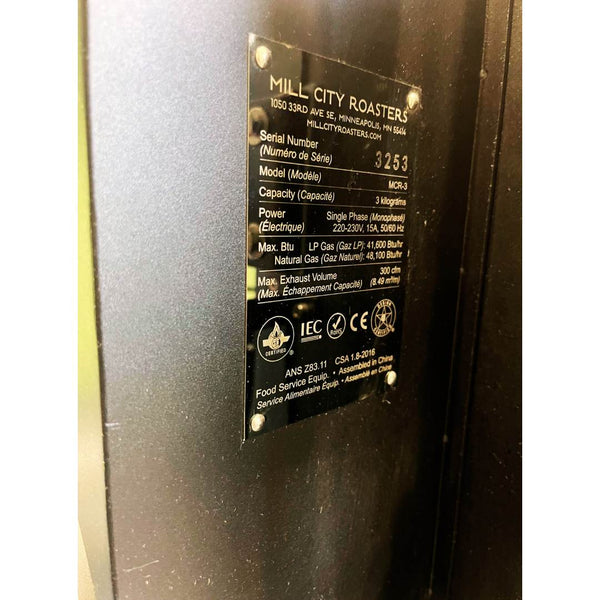 Plate detail view of 2022 Mill City MCR-3 3kg coffee roaster, used Mill City coffee roaster for sale, fully commissioned and in excellent condition.