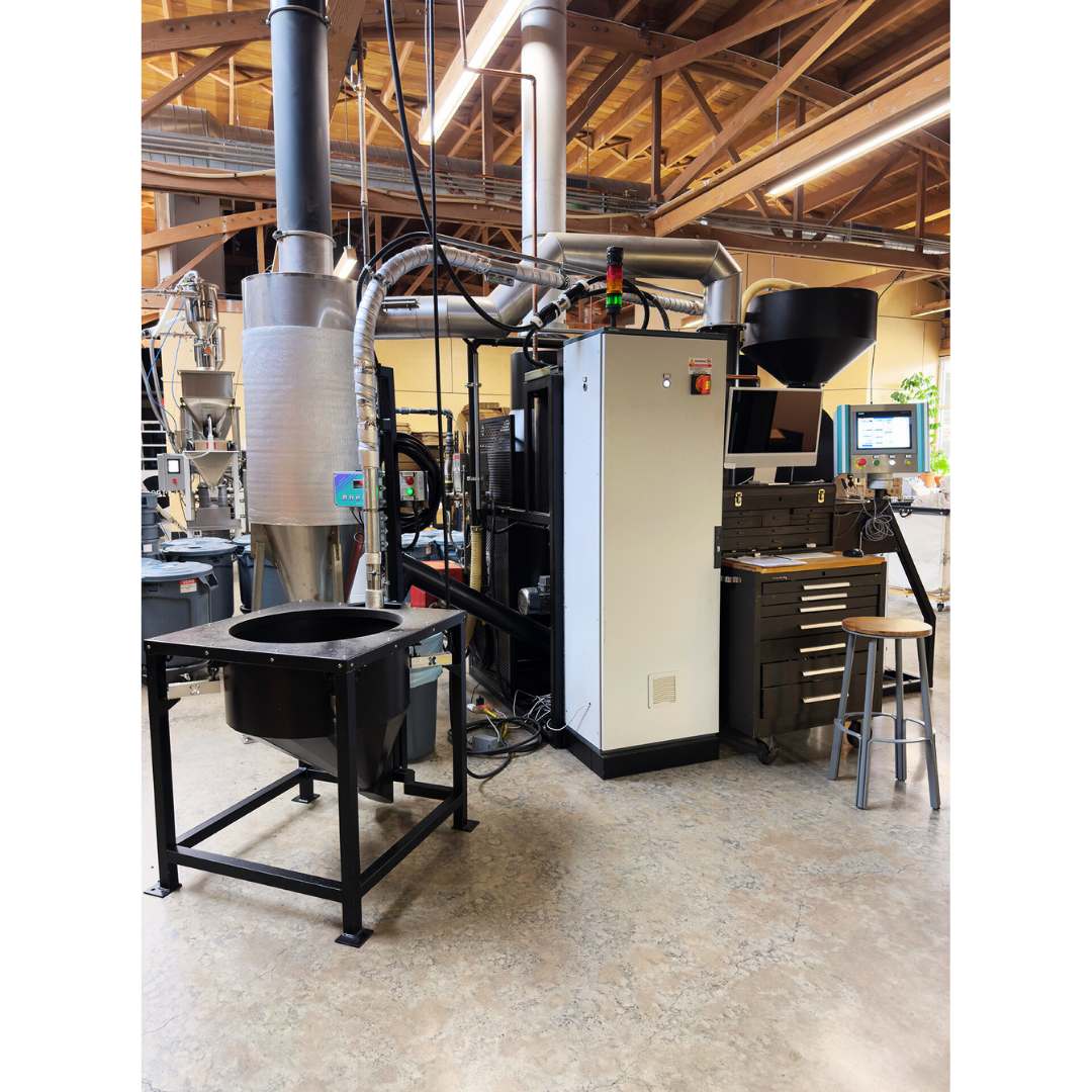 Back view of a 2023 IMF RM30 30kg used commercial coffee roaster with loader, destoner, and afterburner — immaculate condition.