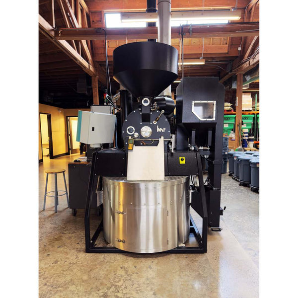 Front view of a 2023 IMF RM30 30kg used commercial coffee roaster with loader, destoner, and afterburner — immaculate condition.