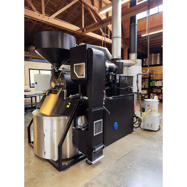 Right angled view of a 2023 IMF RM30 30kg used commercial coffee roaster with loader, destoner, and afterburner — immaculate condition.