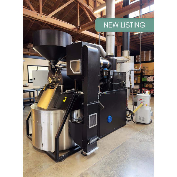 New listing of a 2023 IMF RM30 30kg used commercial coffee roaster with loader, destoner, and afterburner — immaculate condition.