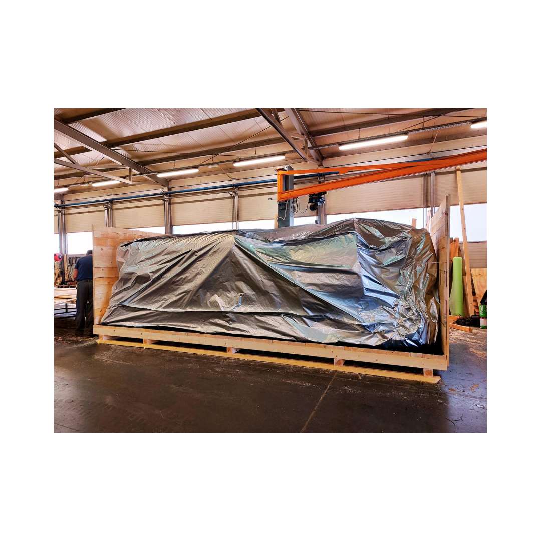 Probat R1500R used coffee roaster equipment open crate with tarp, full view