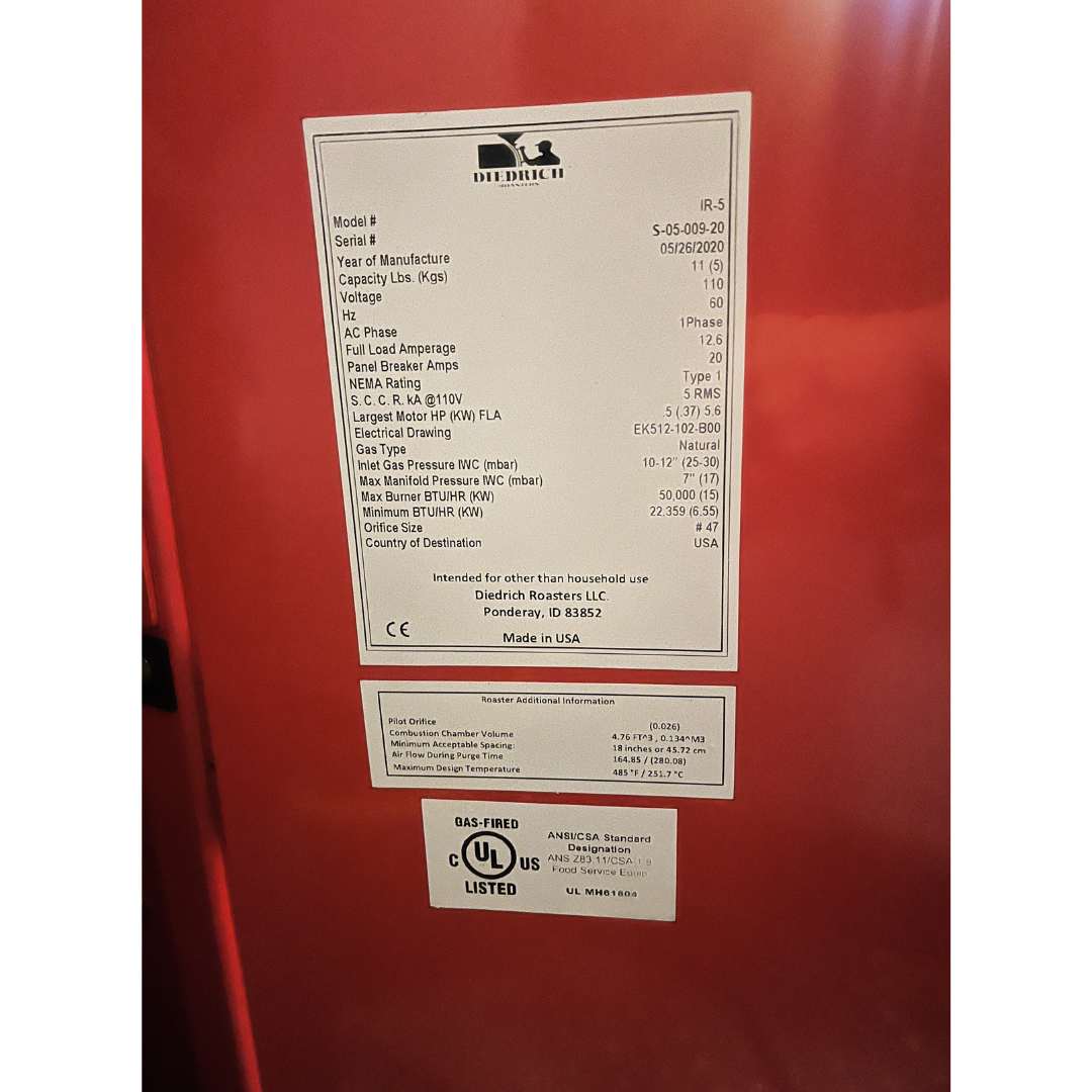 Diedrich roaster for sale info label