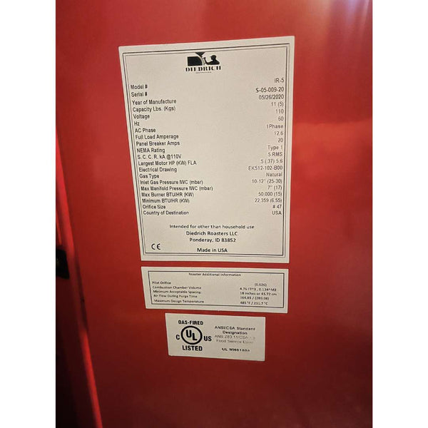 Diedrich roaster for sale info label