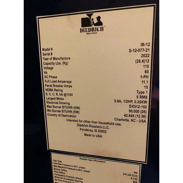 12kg Used Coffee Roaster Machine Equipment Package - Diedrich IR-12 - 2022 - Stock S0692