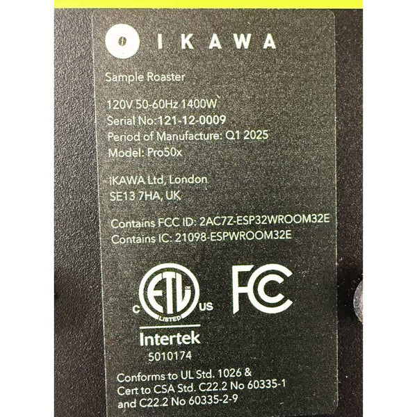 2025 IKAWA Pro50x sample used coffee roaster information plate