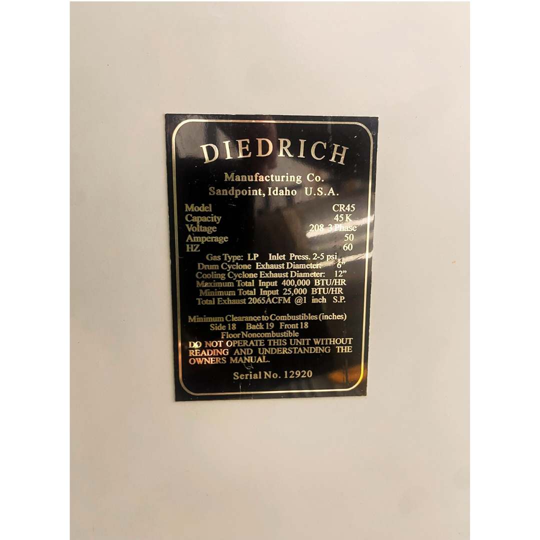 2005 45kg Diedrich CR-45 used coffee roaster information plate