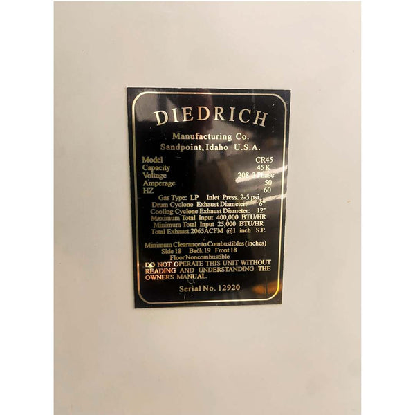 2005 45kg Diedrich CR-45 used coffee roaster information plate