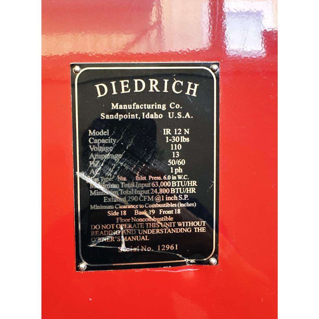 2008 fully automated Diedrich IR-12 used coffee roaster info plate