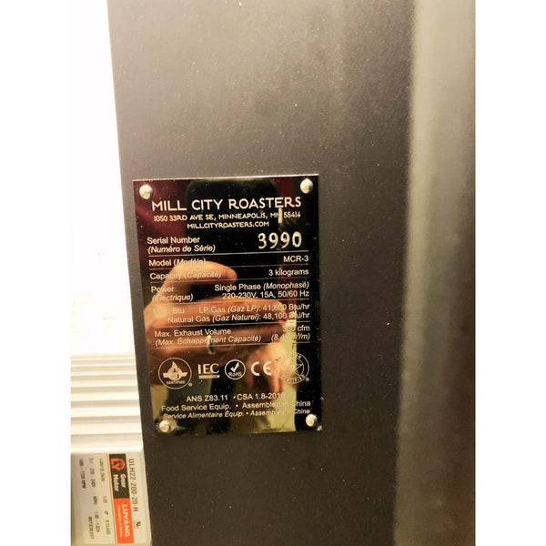 2024 3kg Mill City Roaster MCR-3 used coffee roaster information plate