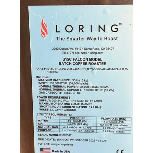15kg Used Coffee Roaster — Loring S15 Falcon Coffee Roaster - 2022 C-Mod - Stock S0738