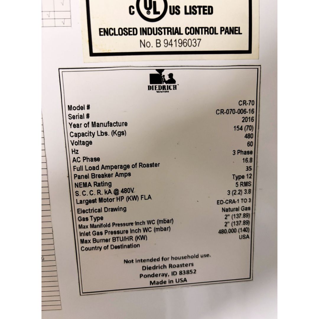 S0747 70kg Diedrich CR-70 used coffee roaster paperwork details