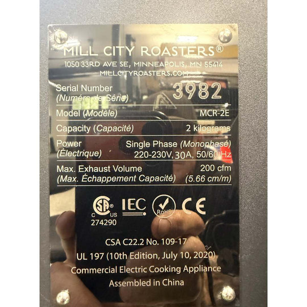 2023 2kg Mill City Roaster MCR-2E used electric roaster info plate