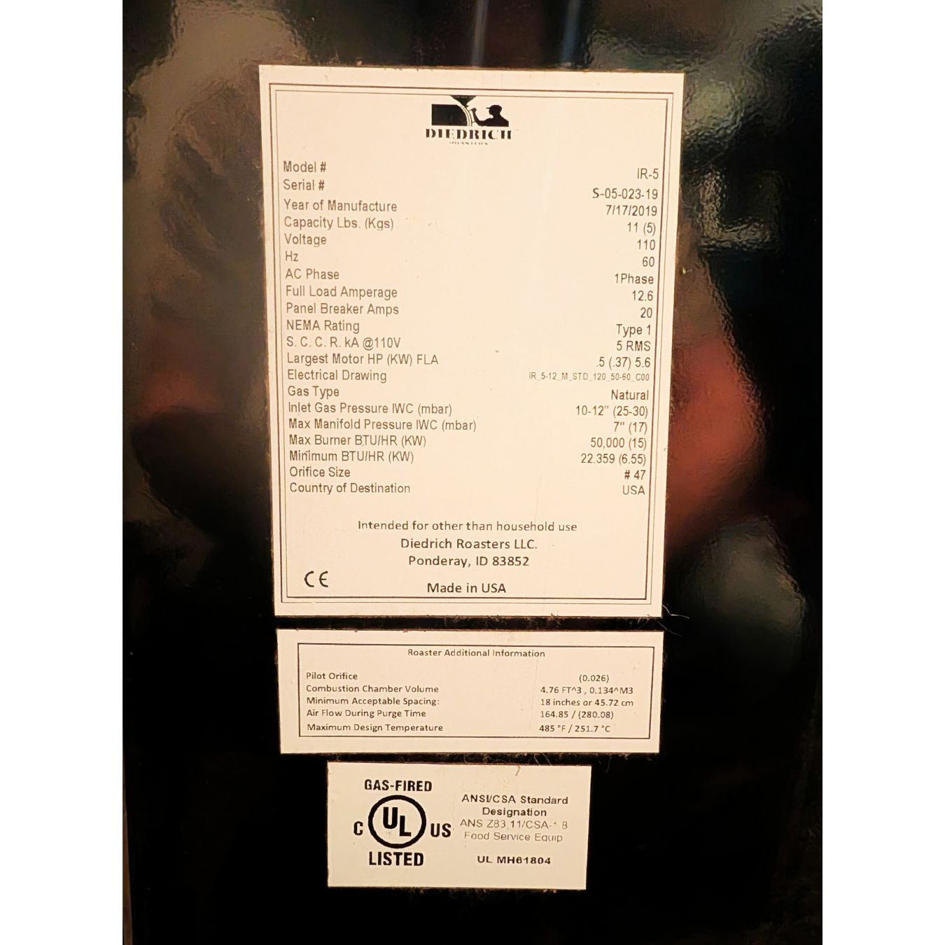 2019 5kg Diedrich IR-5 used coffee roaster information sticker